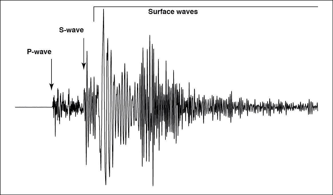 Small P-wave oscillations on the left and larger amplitude S-wave oscillations on the right.