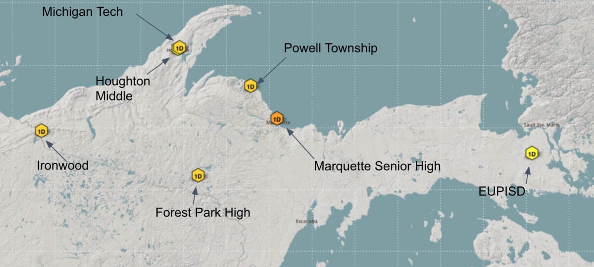 Map of the UP with the six stations marked that are described in this page.