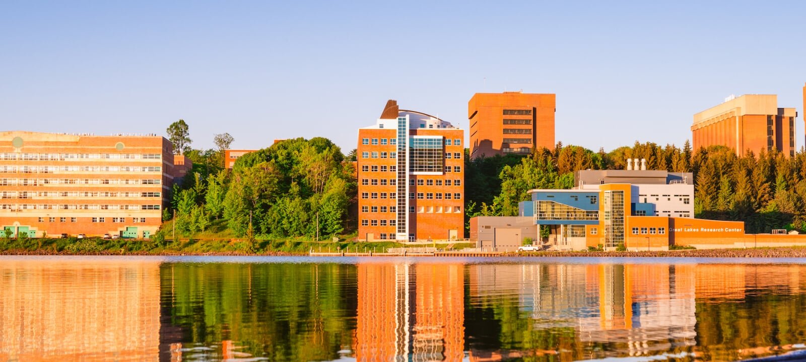 Dow Building view from Portage Canal on a sunny day.