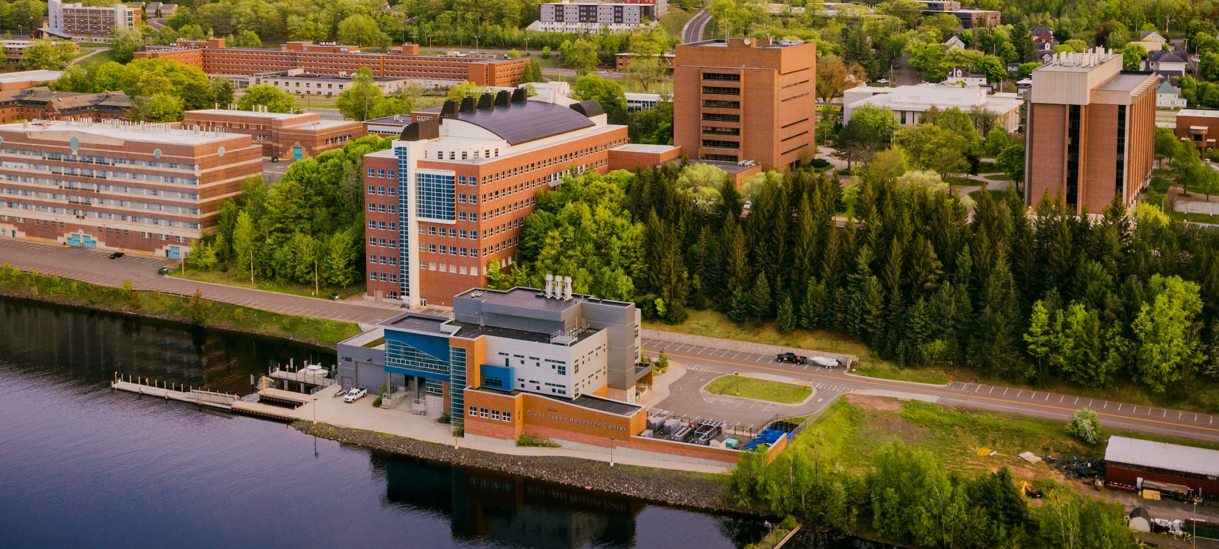 Aerial view of the Dow Building and the GLRC by Portage Canal.