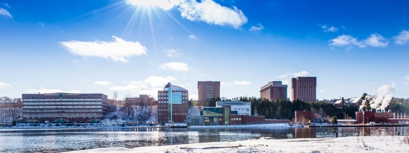 A waterfront view of Michigan Tech's campus