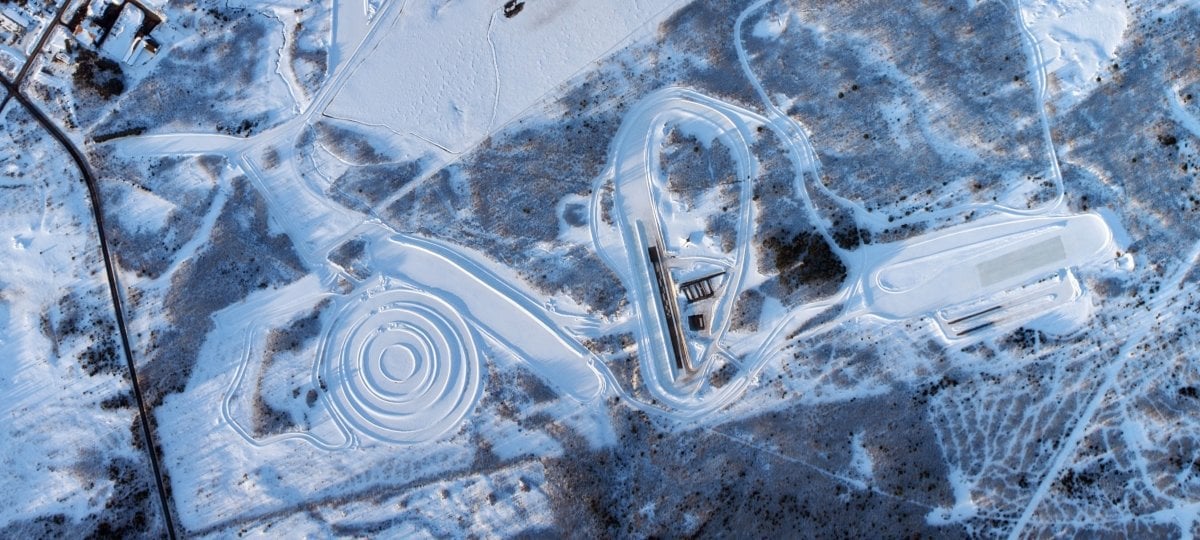 Aerial view of the test track in winter.