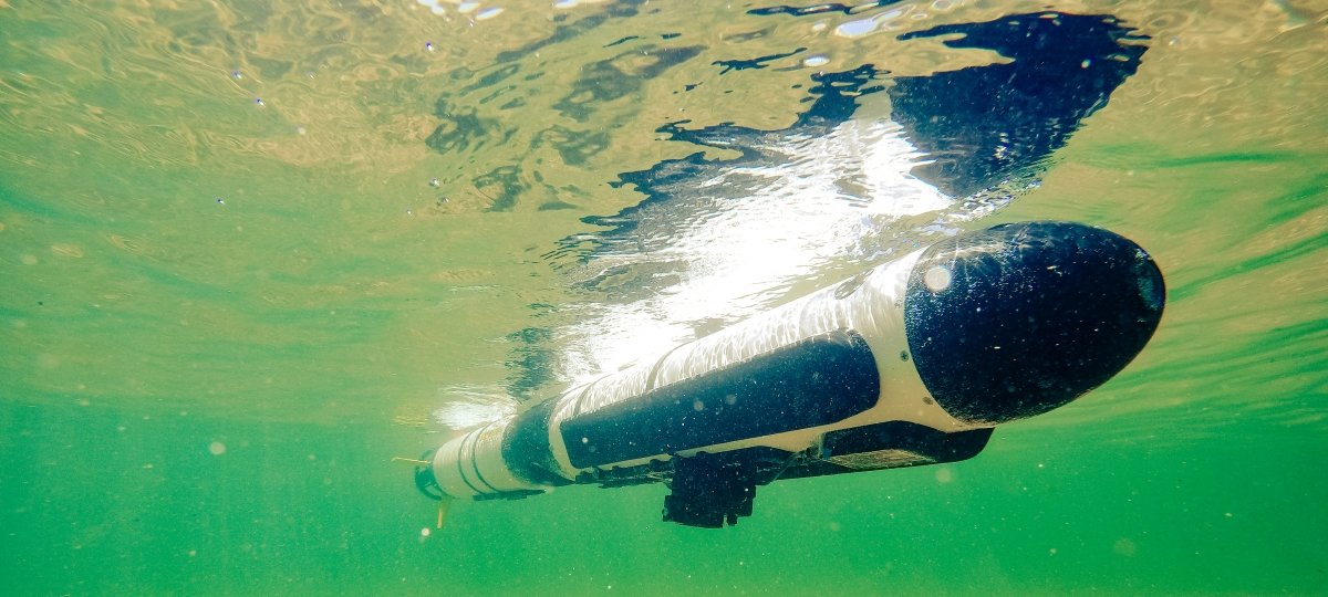 Autonomous underwater vehicle under the water.