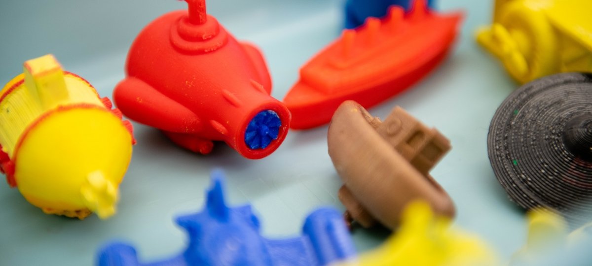Colorful 3-D printed tub toys.