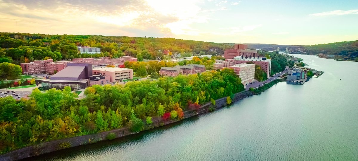 Aerial view of campus and the Keweenaw Waterway.