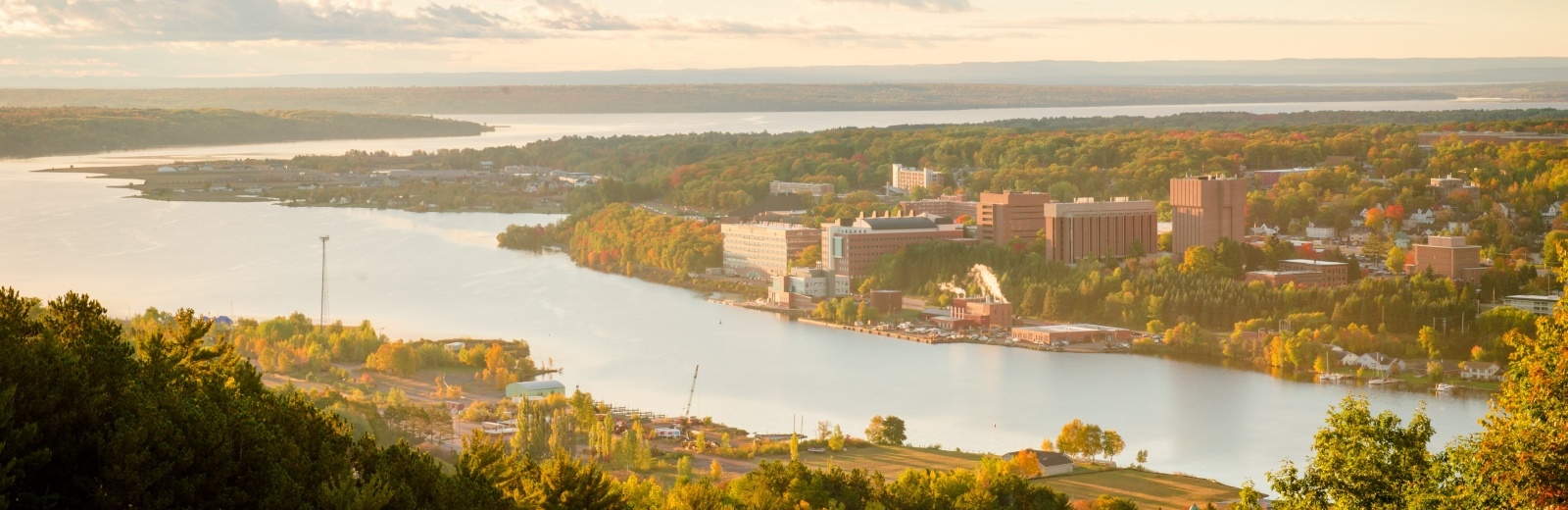 An aerial photo of the Michigan Tech campus on a fall day.
