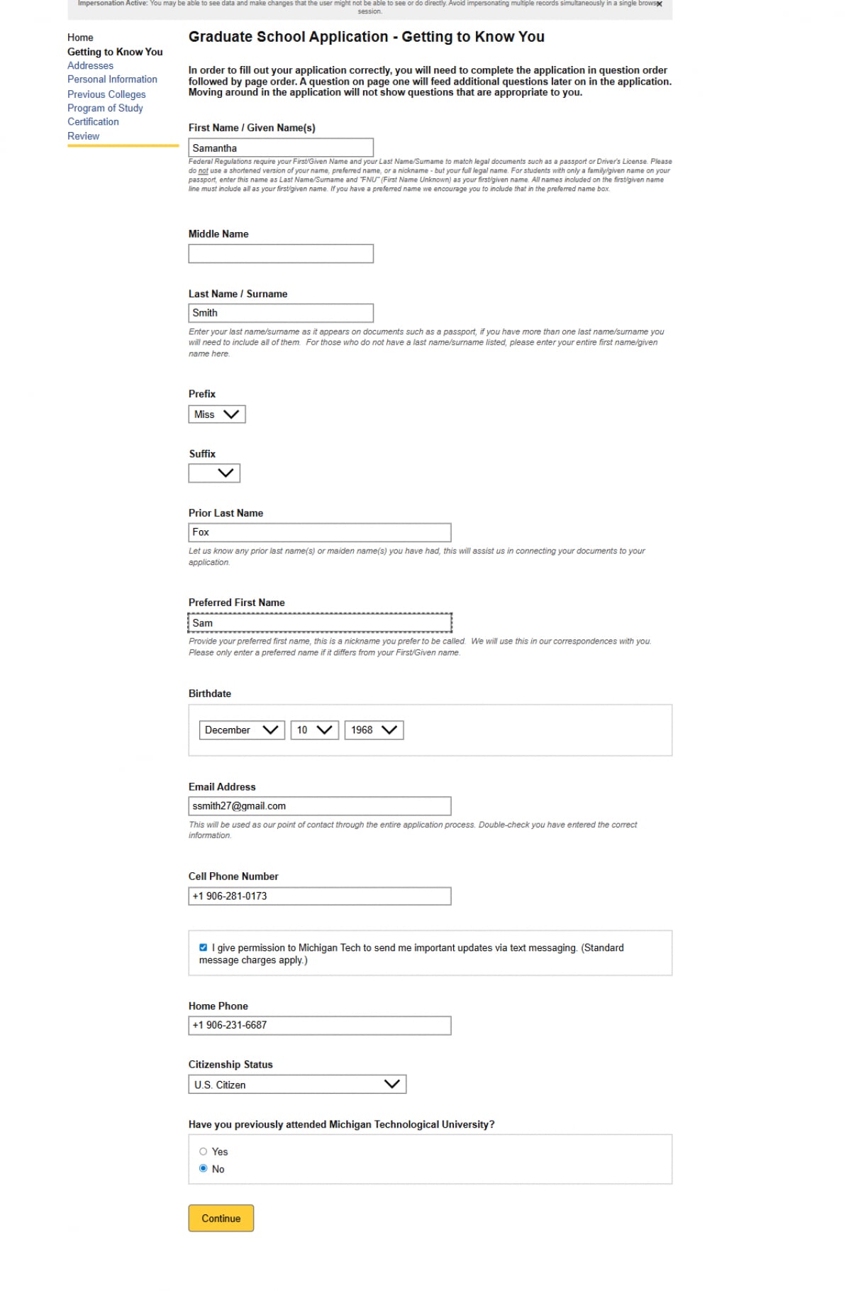 A screenshot of the first page of the MTU graduate application process with some fields filled in.