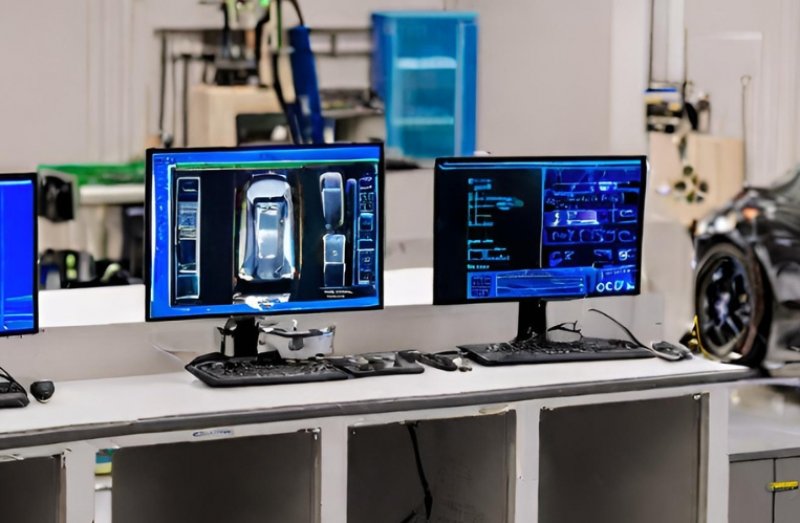 An image from the inside of an automotive lab: two monitors in the foreground and a car in the background.