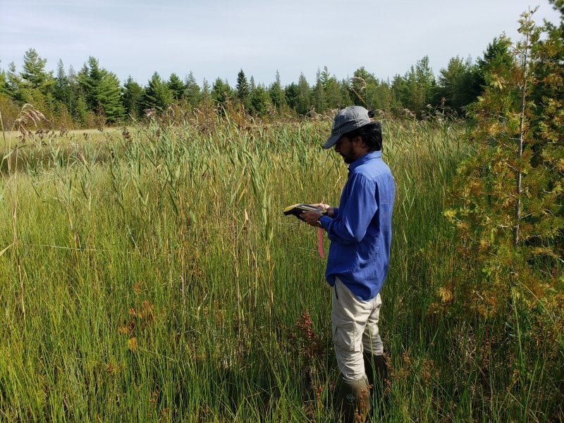 Dr. Parth Bhatt in a grassy field doing GIS work.