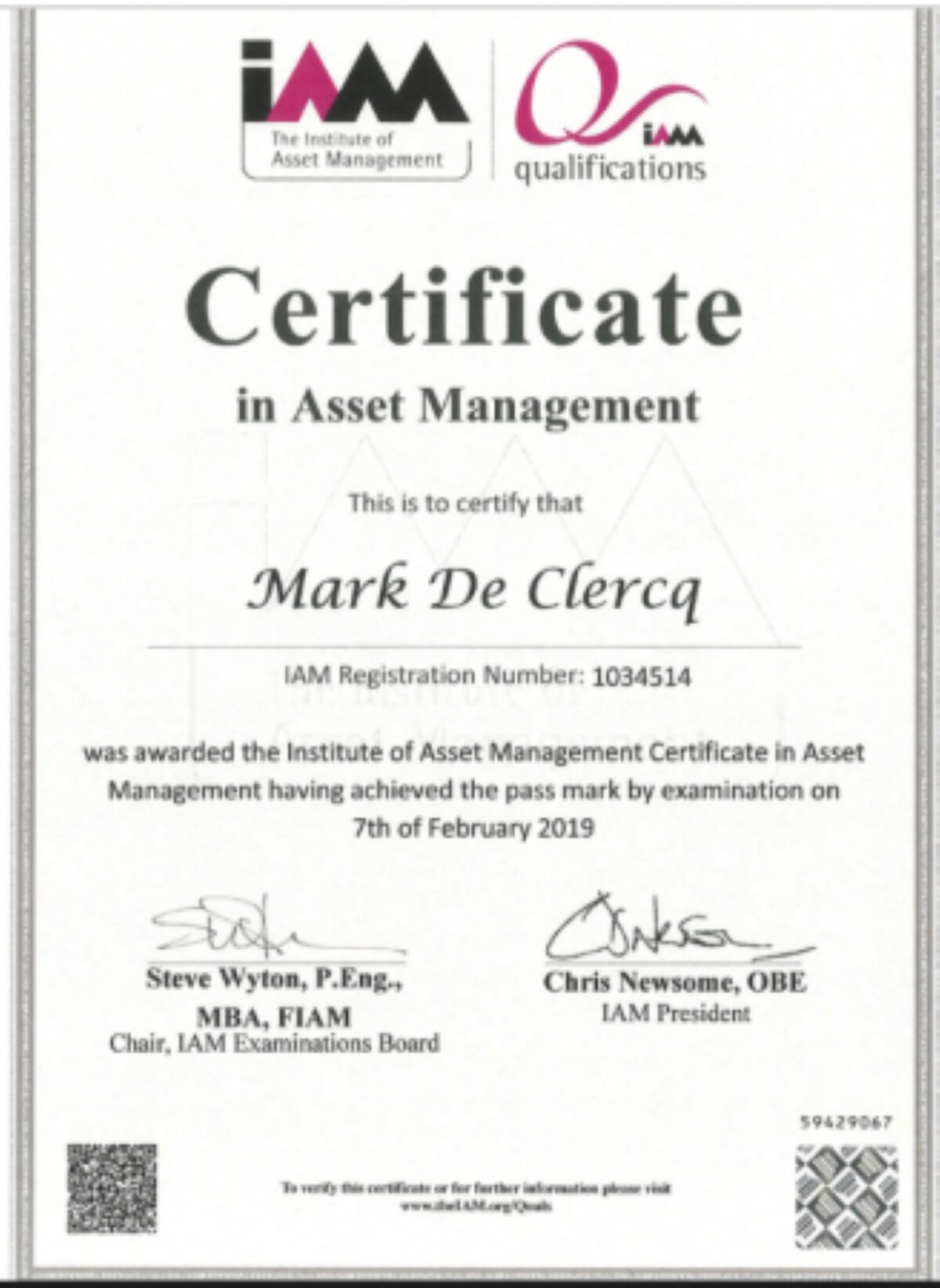 The IAM certificate students receive after successfully completing this course.