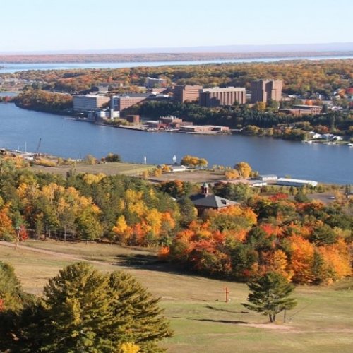 View of Michigan Tech university in the Fall, as seen from the other side of the Portage Canal.