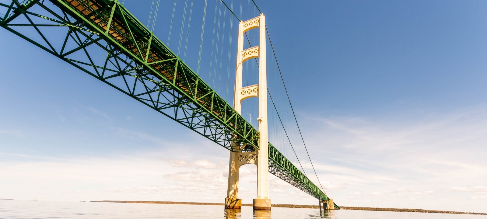 A long steel bridge over water.