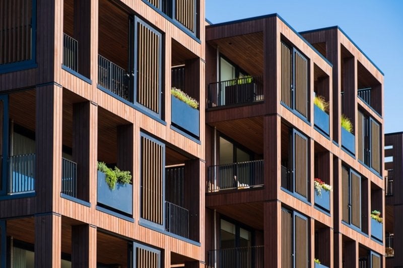 A modern building made of engineered wood.