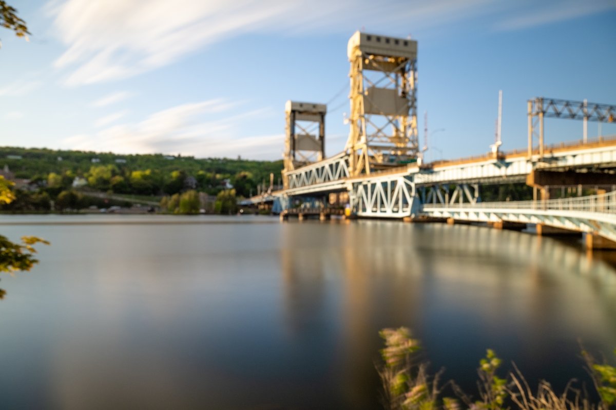 The Hancock Houghton lift bridge on a clear sunny day.