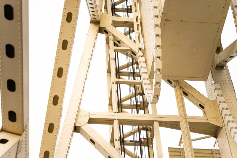 Close up of the steel girders of the Houghton lift bridge.