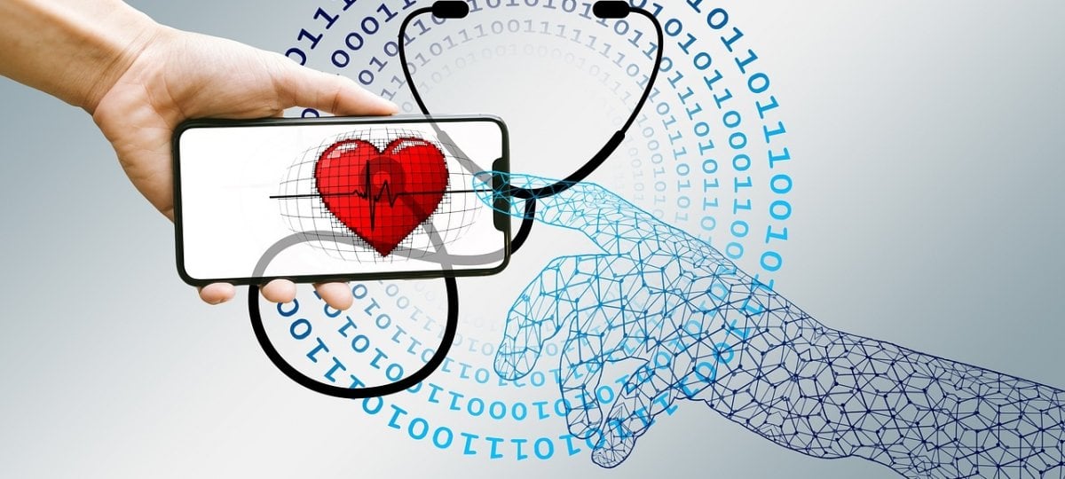 An artificial intelligent hand reaches out to touch a phone amidst a heartbeat background, which is meant to show the digitization of healthcare.