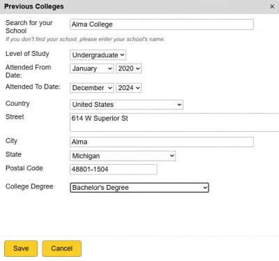 Screenshot of Application Process: Adding Details about Alma College Attendance