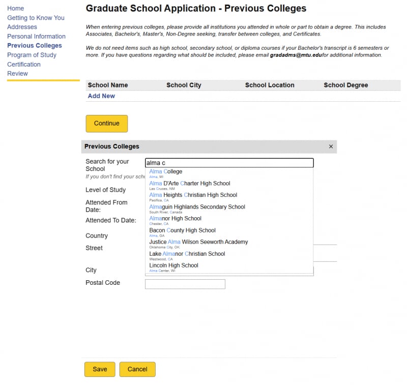 Screenshot of application process where someone is choosing Alma College as their previous institution