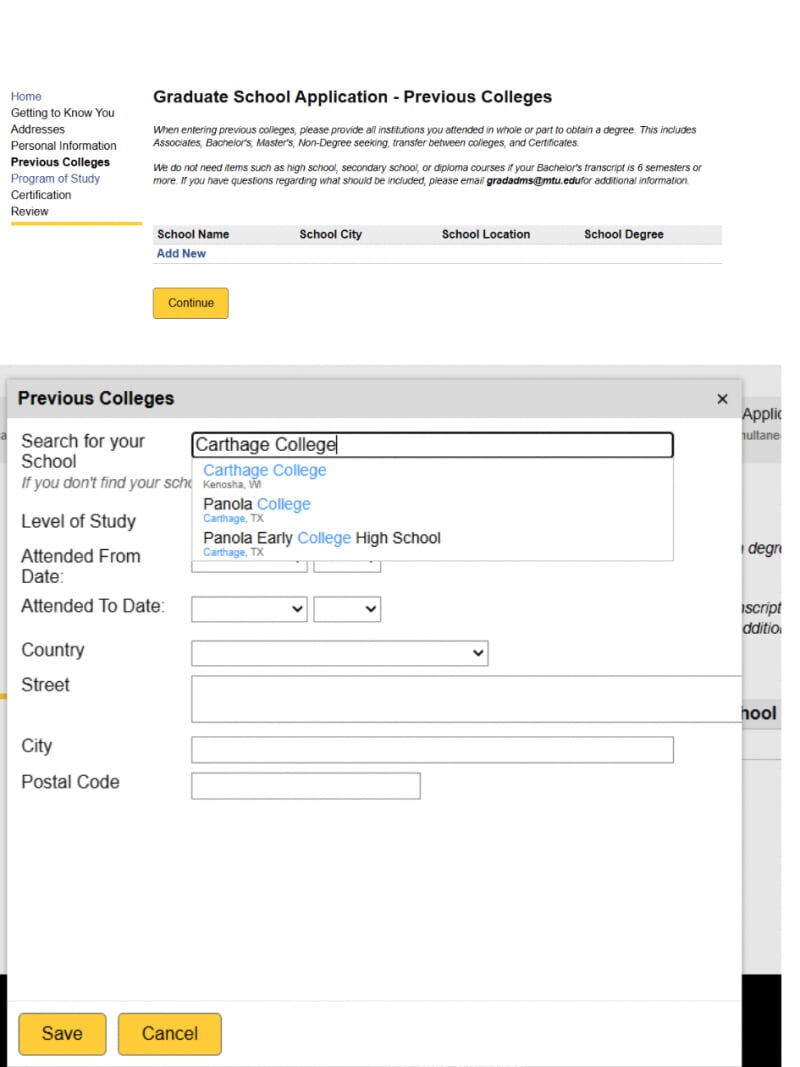 Screenshot of Application Process: Selecting Carthage College