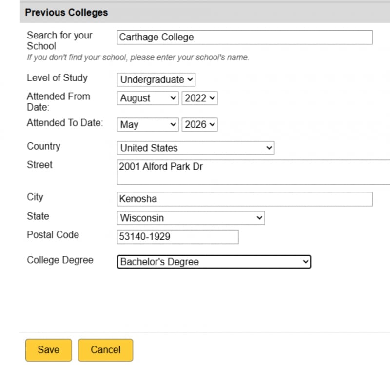 Screenshot of Application Process: Adding Details about Carthage College Attendance