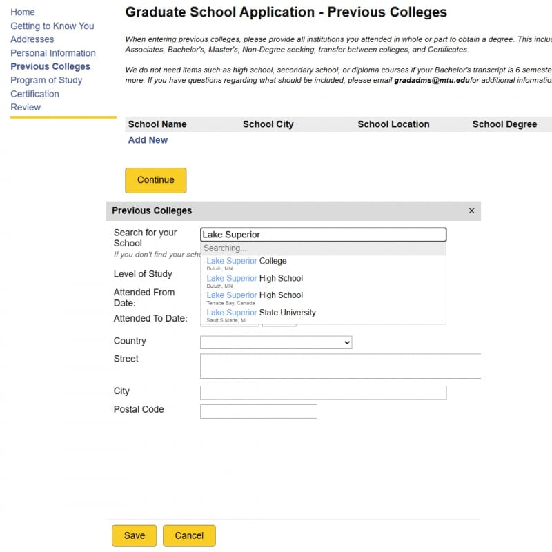 Screenshot of a drop-down menu from the application process in which people choose LSSU.