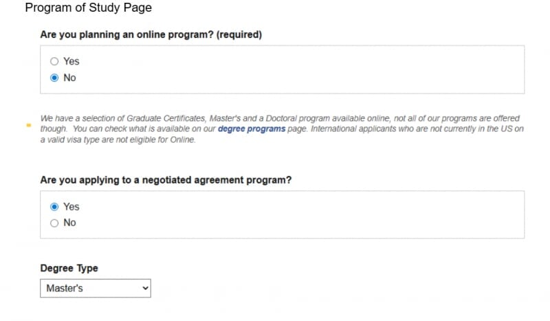 Screenshot of people choosing online program and agreement.