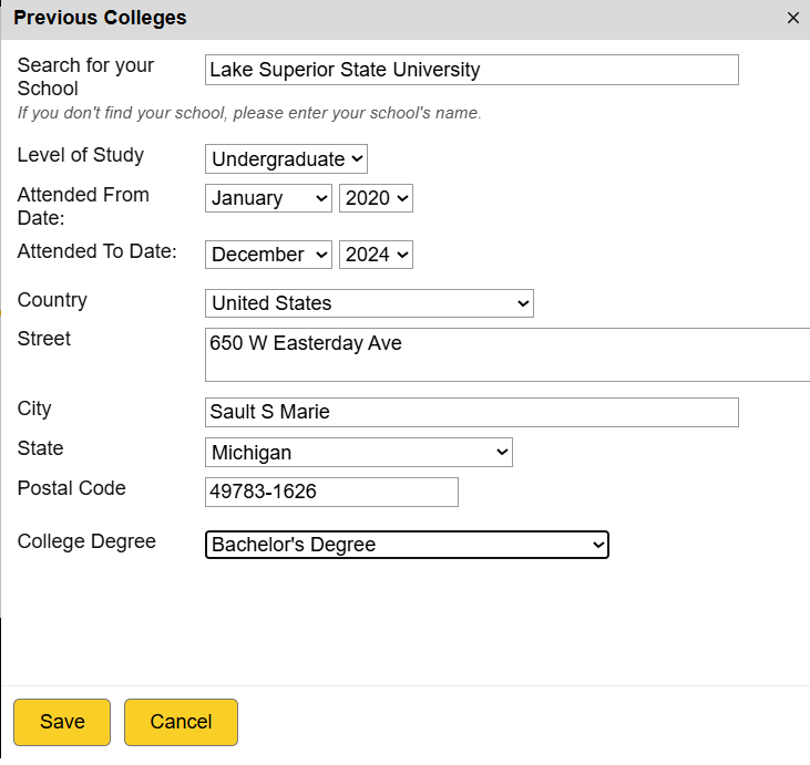 Screenshot of application process in which people fill in the details about attending LSSU.