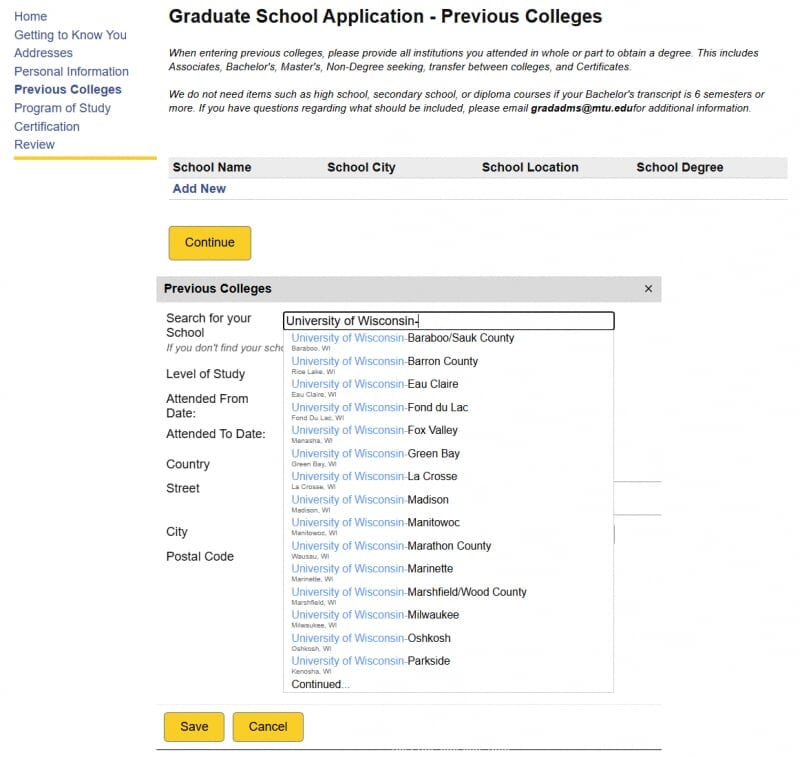 Screenshot of Application Process in which people choose UWO Oshkosh