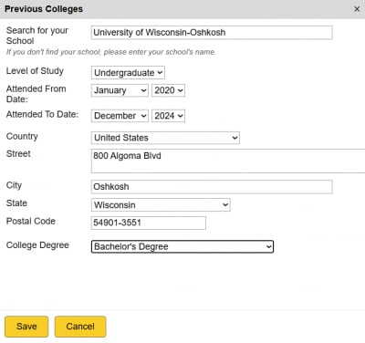 Screenshot of someone filling in previous college information from the University of Wisconsin Oshkosh.