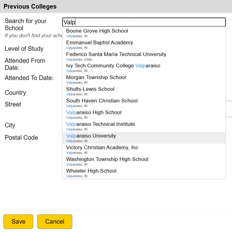 Screenshot of the application process in which someone is choosing Valparaiso University from a drop-down menu.