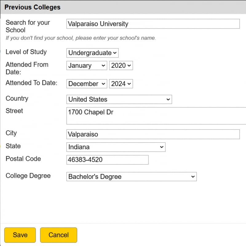 Screenshot of application process showing someone filling in details about their undergraduate education at Valparaiso University.