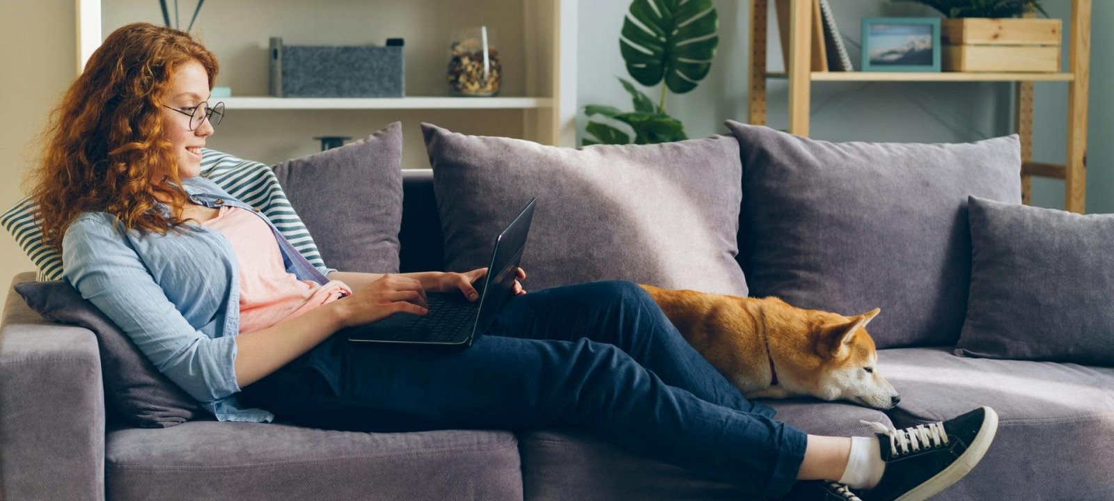 Woman lying on couch while working on her online course. Her Shiba Inu snoozes nearby.