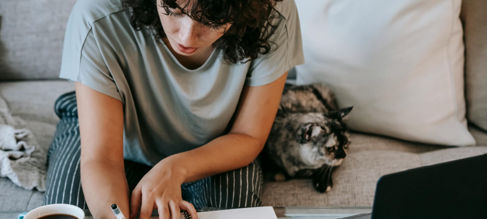 A young woman works on her online course while sitting on her couch with her grumpy fluffy cat.