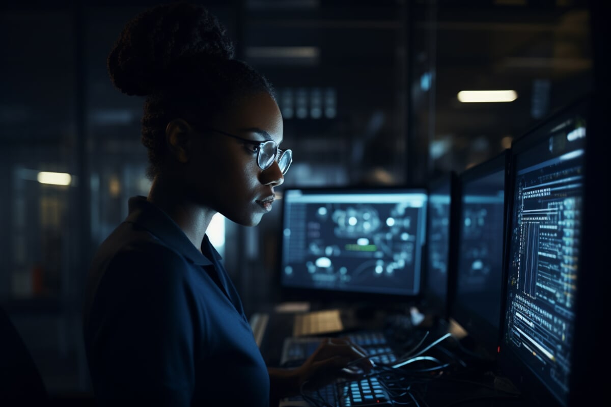Young African American cybersecurity professional looking at several computer monitors while standing in a dark office setting.
