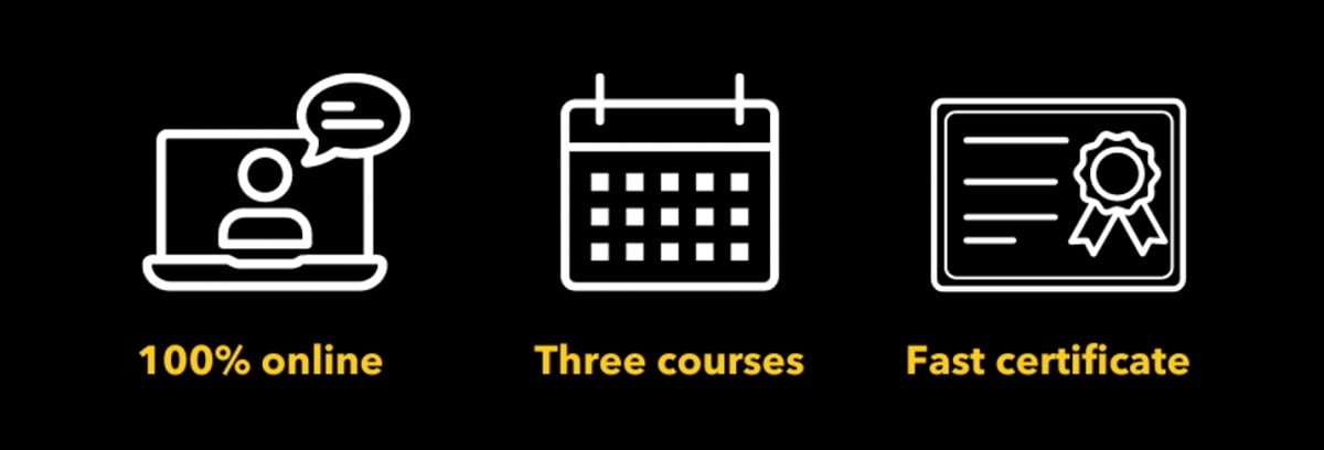 Three icons on a black background; the texts reads 100% online, 9 credits, fast certificate.