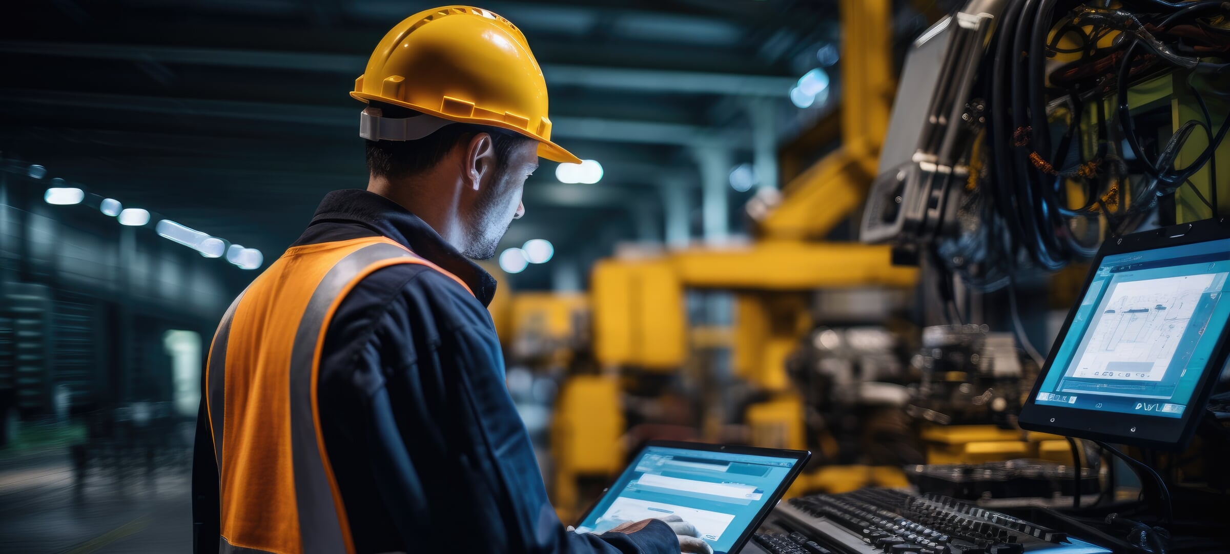 An engineer in a manufacturing facility looks at a monitor