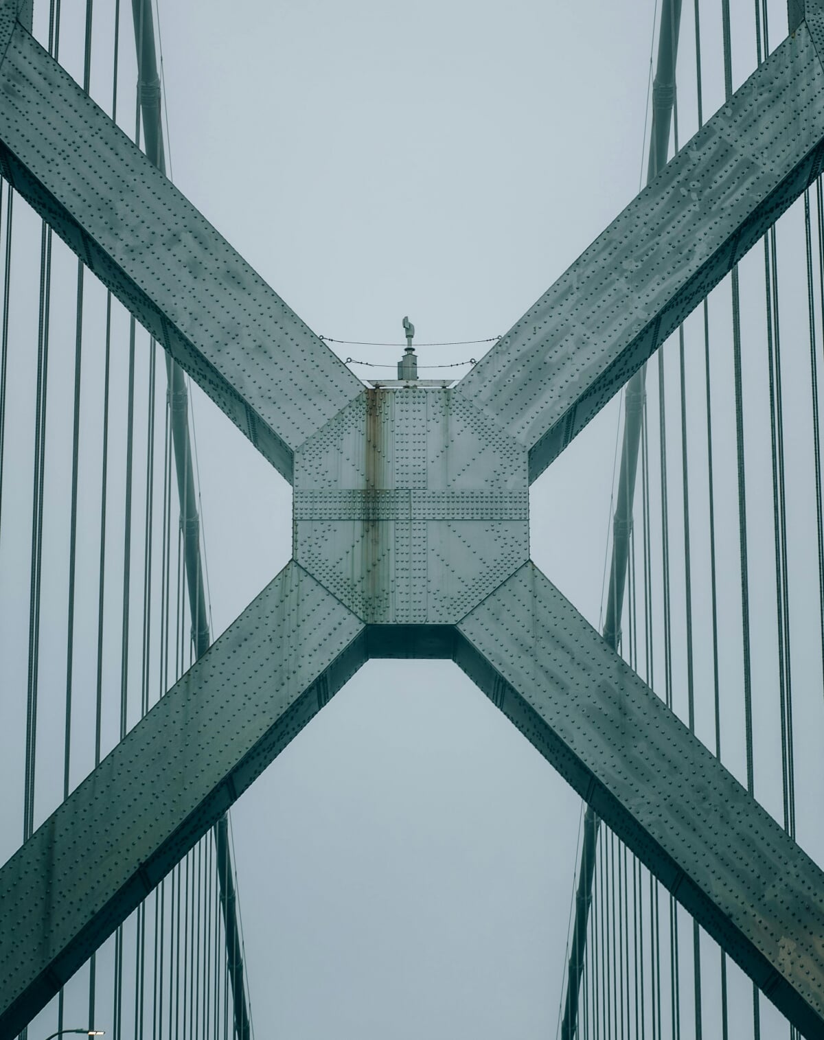 Close-up of a steel supporting structure for a bridge.