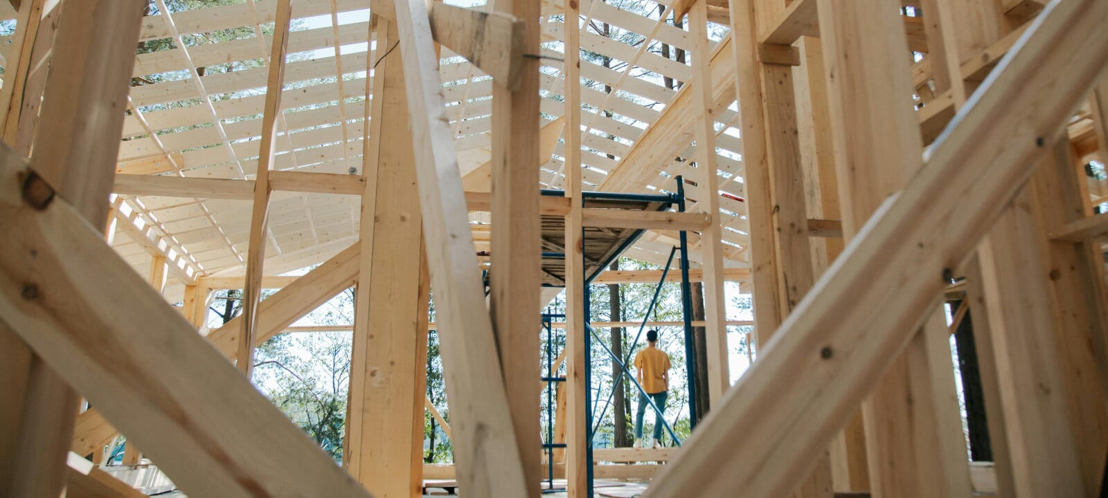 Close up of a  wooden building under construction.