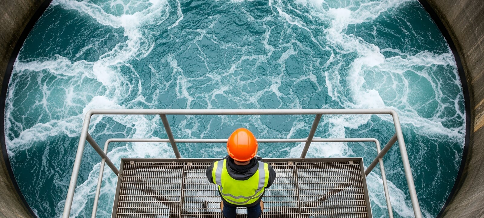 A civil engineer standing on a deck while looking down at a pool of fresh water.