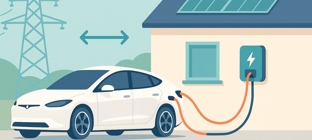 An electric car plugged into a house, providing power.