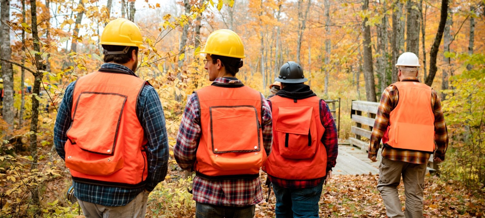 Group of people wearing backpacks and hard hats walking in the woods