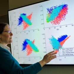 A woman inspecting four scatter plot graphs projected on the wall.