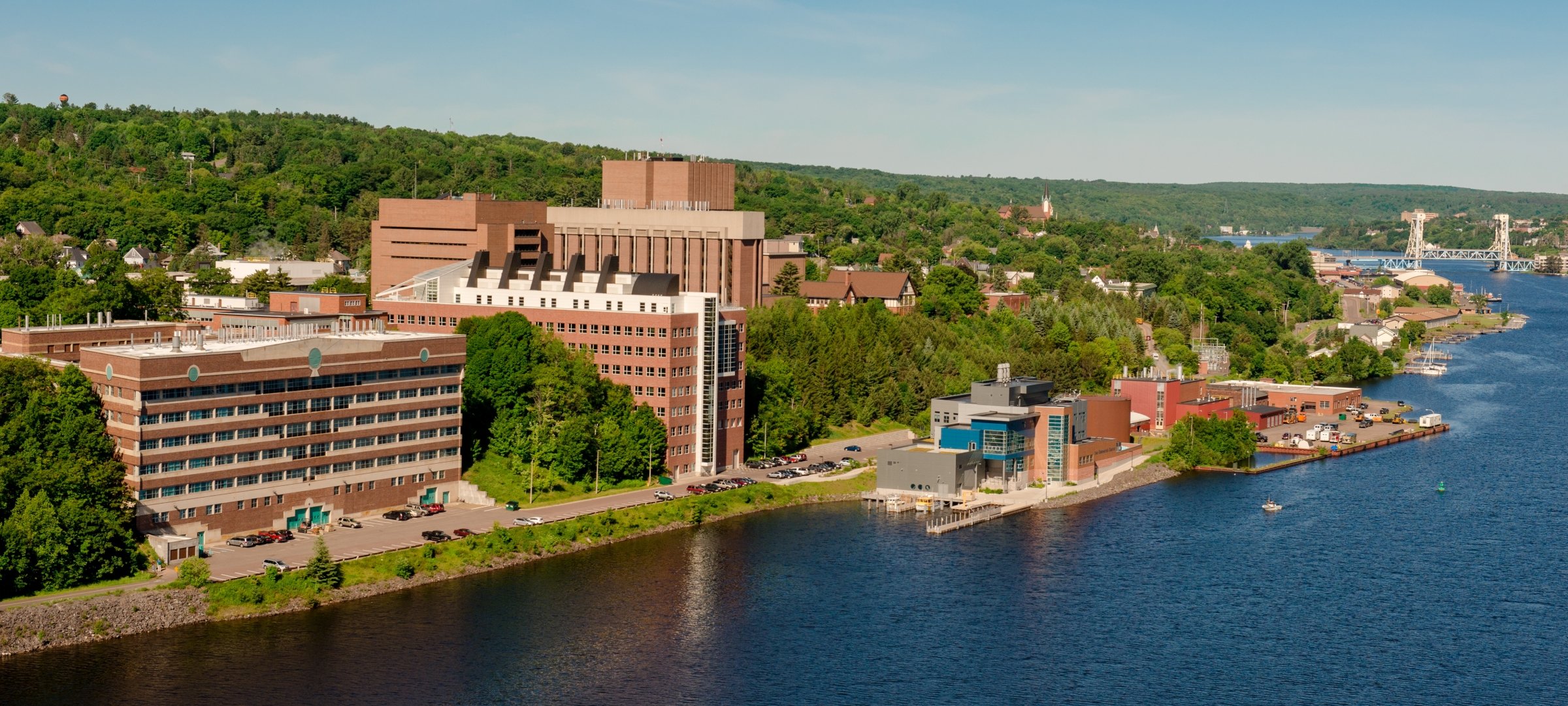 Aerial view of campus from the portage. 