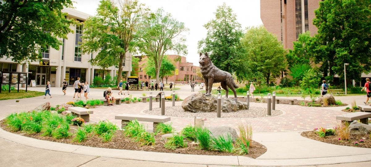 The Husky statue in the fall.
