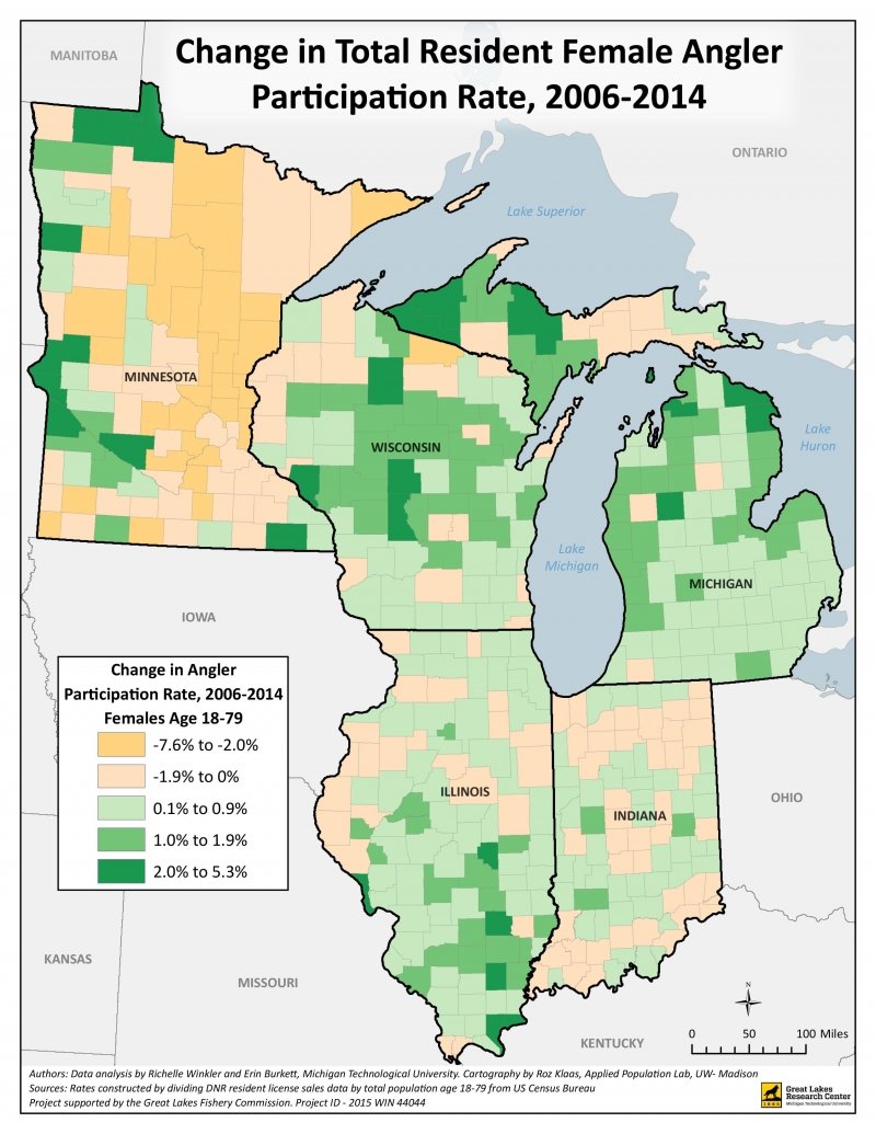 Color-coded participation rate density map of change in female anglers from 2006-2014.