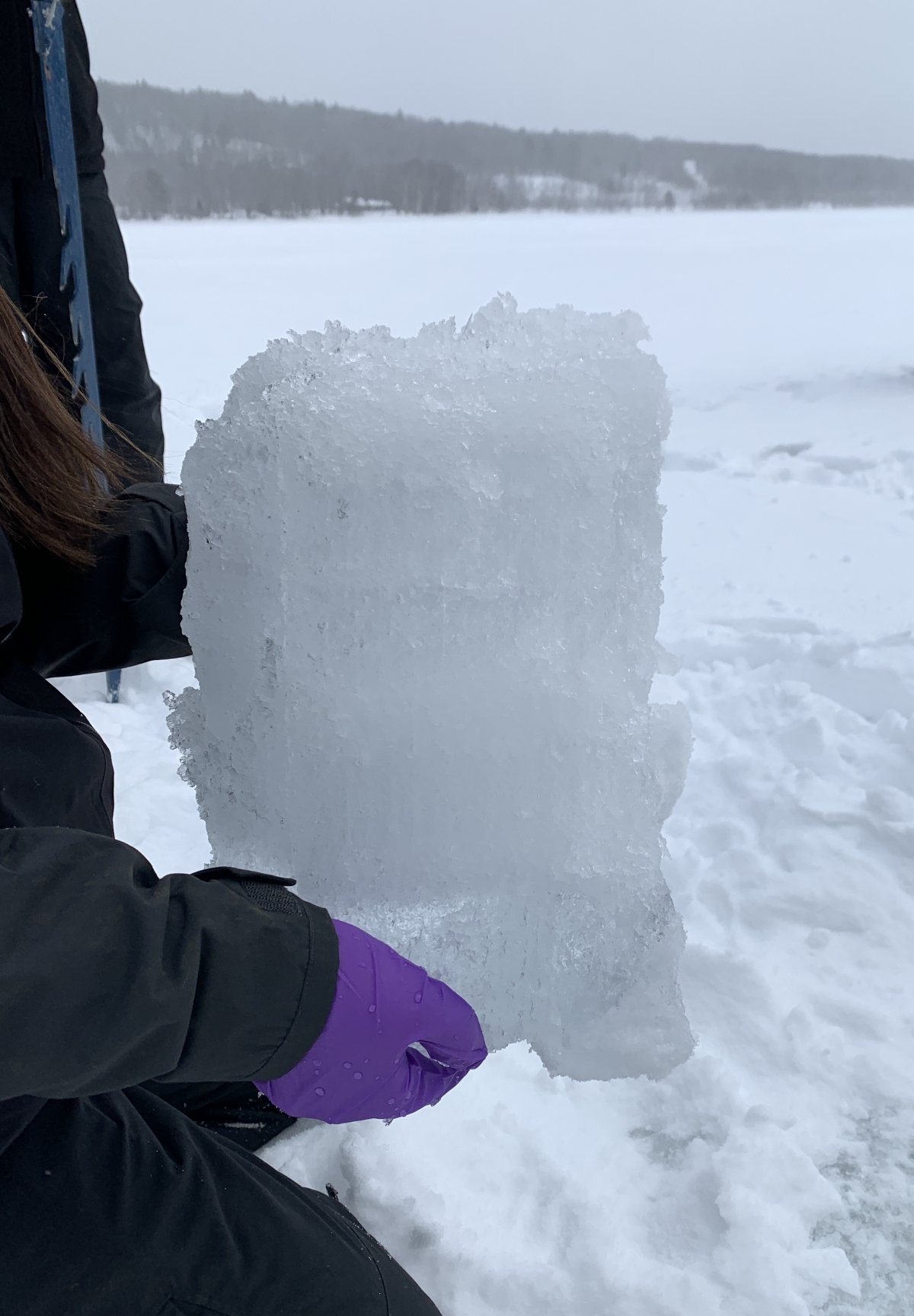 Researcher holding a chunk of ice.
