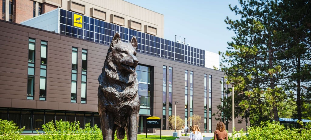 picture of the h-stem building with the husky statue in houghton
