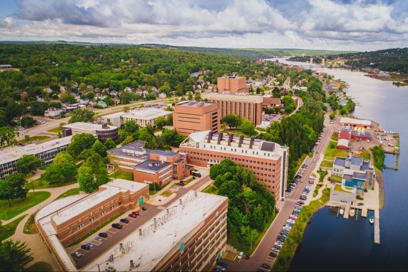 Aerial view of the Michigan Tech campus in the summer.