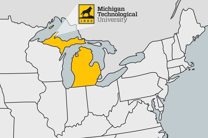 Regional map highlighting Michigan, pointing to the location of Michigan Tech.