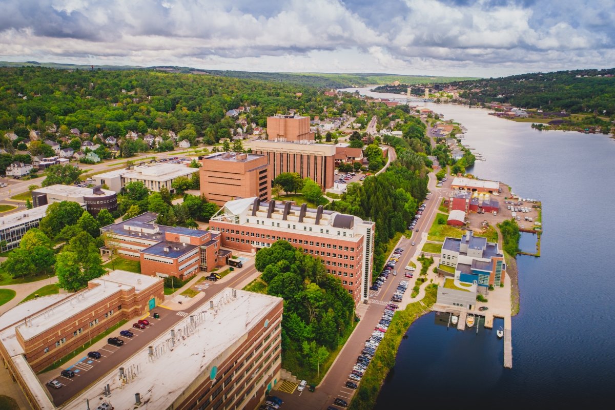 Aerial of Michigan Tech's campus and Portage Waterway